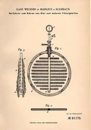 Original Patentschrift - H. Wegener in Mainleus b. Kulmbach , 1894 , Apparat für Bier - Herstellung , Brauerei , Alkohol