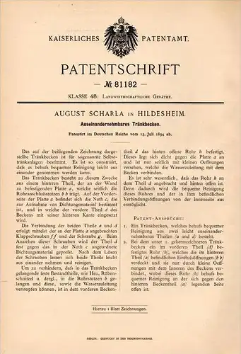 Original Patentschrift - A. Scharla in Hildesheim , 1894 , Tränke , Tränkbecken , Landwirtschaft , Tier , Stall !!!