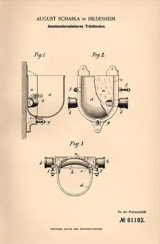 Original Patentschrift - A. Scharla in Hildesheim , 1894 , Tränke , Tränkbecken , Landwirtschaft , Tier , Stall !!!