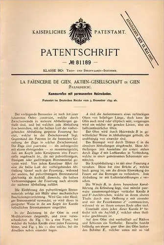 Original Patentschrift - Faïencerie de Gien à Gien , 1893 , Four pour la porcelaine, céramique , Porzellan !!!