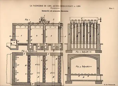 Original Patentschrift - Faïencerie de Gien à Gien , 1893 , Four pour la porcelaine, céramique , Porzellan !!!