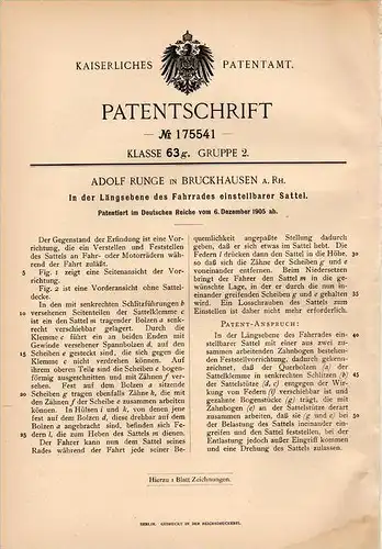 Original Patentschrift - A. Runge in Bruckhausen a. Rh., 1905, einstellbarer Sattel für Motorrad , Fahrrad , Fahrräder !