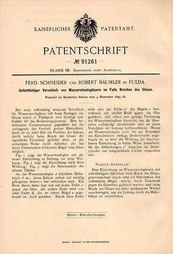 Original Patentschrift - R. Bäumler in Fulda , 1895 , Sicherung für Wasserstandsglas , Dampfkessel , Glas !!!