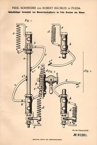 Original Patentschrift - R. Bäumler in Fulda , 1895 , Sicherung für Wasserstandsglas , Dampfkessel , Glas !!!