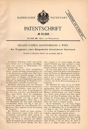 Original Patentschrift - E. Hassenberger in Wien , 1896 , Rucksack als Tragbahre und Hängematte , Regenmantel !!!