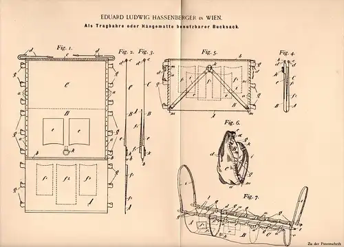 Original Patentschrift - E. Hassenberger in Wien , 1896 , Rucksack als Tragbahre und Hängematte , Regenmantel !!!