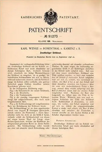 Original Patentschrift - K. Wenke in Rosenthal b. Kamenz , 1896 , zweiteiliger Schlüssel , Schlüsseldienst !!!