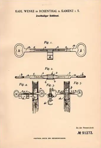 Original Patentschrift - K. Wenke in Rosenthal b. Kamenz , 1896 , zweiteiliger Schlüssel , Schlüsseldienst !!!