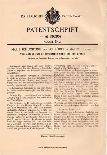 Original Patentschrift - M. Schlichting in Marne , 1901, Apparat zum Begießen von Braten , Kochen , Küche !!!