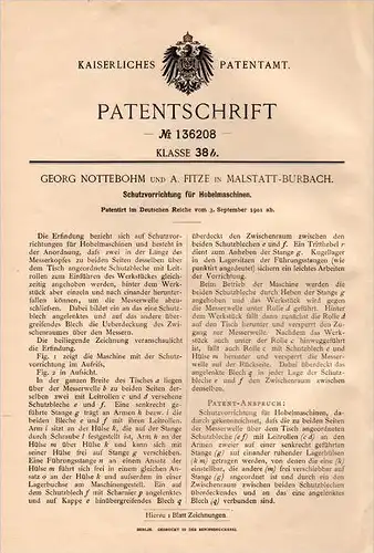 Original Patentschrift - G. Nottebohm und A. Fitze in Malstatt - Burbach ,1901, Schutz für Hobelmaschine , Tischlerei !!