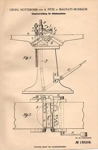 Original Patentschrift - G. Nottebohm und A. Fitze in Malstatt - Burbach ,1901, Schutz für Hobelmaschine , Tischlerei !!