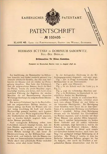 Original Patentschrift - H. Büttner in Dominium Saborwitz , 1898 , Drillmaschine , Landwirtschaft , Agrar , Guhrau !!!