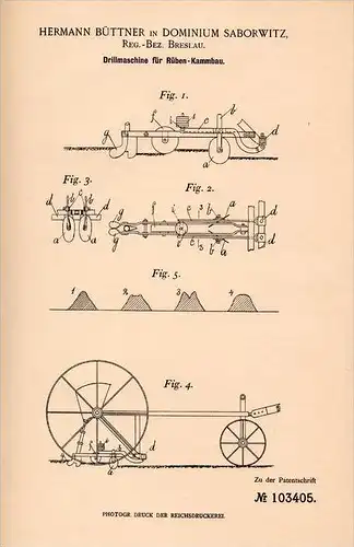 Original Patentschrift - H. Büttner in Dominium Saborwitz , 1898 , Drillmaschine , Landwirtschaft , Agrar , Guhrau !!!