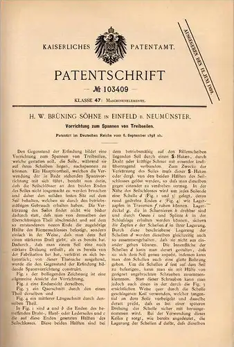 Original Patentschrift - H. Brüning in Einfeld b. Neumünster , 1898 , Apparat zum Spannen von Seilen , Treibseil !!!