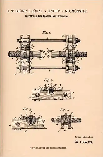 Original Patentschrift - H. Brüning in Einfeld b. Neumünster , 1898 , Apparat zum Spannen von Seilen , Treibseil !!!