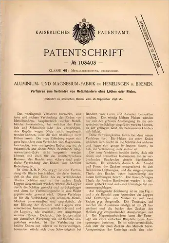 Original Patentschrift - Magnesium - Fabrik in Hemelingen b. Bremen , 1898 , Verbindung von Metallbändern ohne Nieten !!