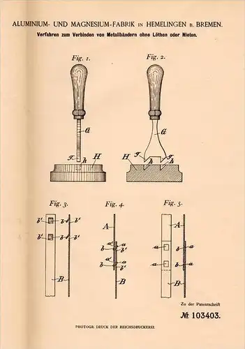 Original Patentschrift - Magnesium - Fabrik in Hemelingen b. Bremen , 1898 , Verbindung von Metallbändern ohne Nieten !!