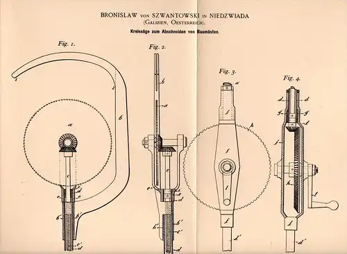 Original Patentschrift - B. von Szwantowski in Niedzwiada , 1898 , Kreissäge für Baumäste , Sägewerk , Tischlerei !!!