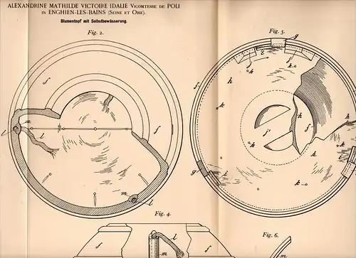 Original Patentschrift - A. Idalie Vicomtesse de Poli à Enghien les Bains , 1898, avec un pot de fleurs d´auto-arrosage