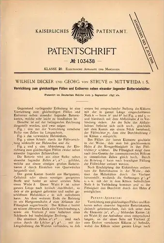 Original Patentschrift - G. von Struve in Mittweida i.S., 1897 , Apparat für Batterie - Behälter , Akku , W. Decker !!!