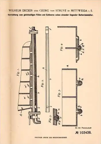 Original Patentschrift - G. von Struve in Mittweida i.S., 1897 , Apparat für Batterie - Behälter , Akku , W. Decker !!!