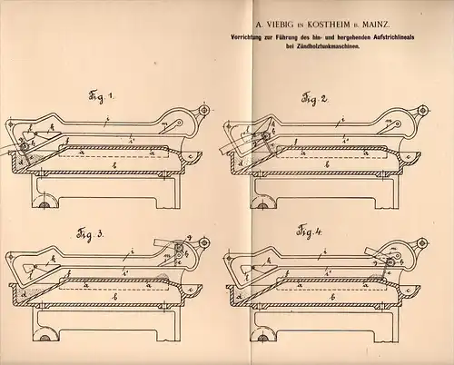 Original Patentschrift - A. Viebig in Kostheim b. Mainz , 1898 , Apparat für Zündholz - Tunkmaschine , Zündhölzer !!!