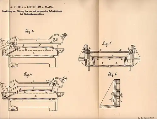 Original Patentschrift - A. Viebig in Kostheim b. Mainz , 1898 , Apparat für Zündholz - Tunkmaschine , Zündhölzer !!!