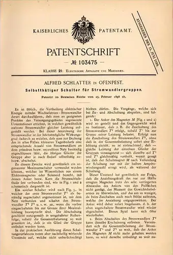 Original Patentschrift - A. Schlatter in Ofenpest / Budapest , 1898 , Schalter für stromwandler , Elektrik !!!