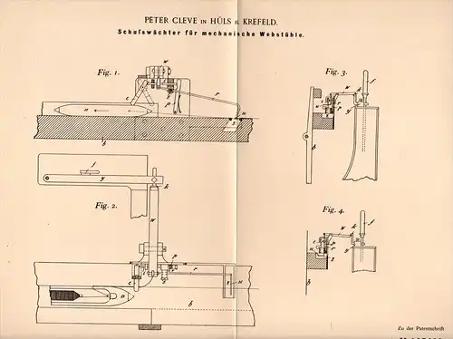 Original Patentschrift - P. Cleve in Hüls b. Krefeld , 1898 , Webstuhl - Schußwächter , Weberei , Weber !!!