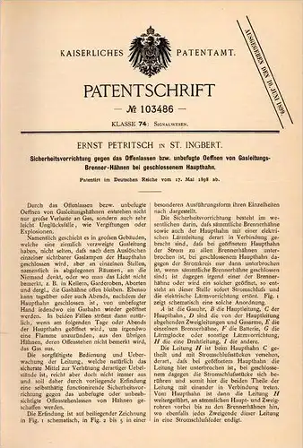 Original Patentschrift - E. Petritsch in St. Ingbert , 1898 , Sicherheitsapparat gegen Gas - Explosion , Vergiftung !!!