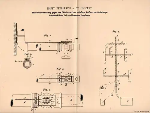 Original Patentschrift - E. Petritsch in St. Ingbert , 1898 , Sicherheitsapparat gegen Gas - Explosion , Vergiftung !!!