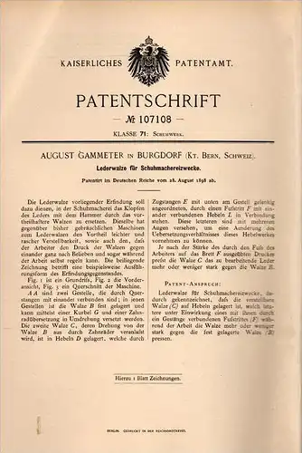 Original Patentschrift - A. Gammeter in Burgdorf b. Bern , 1898 , Lederwalze für Schuhmacher , Schuster , Leder !!!