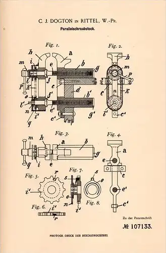 Original Patentschrift - C. Dogton in Rittel / Rytel i. Westpr. , 1898 , Parallel - Schraubstock , Konitz / Chojnice !!!