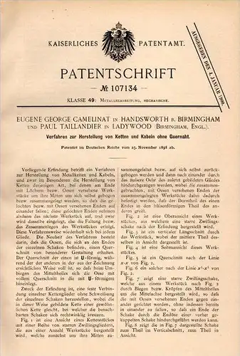 Original Patentschrift - E. Camelinat and P. Taillandier in Ladywood , 1898 , manufacture of chaines , cable , chain !!!