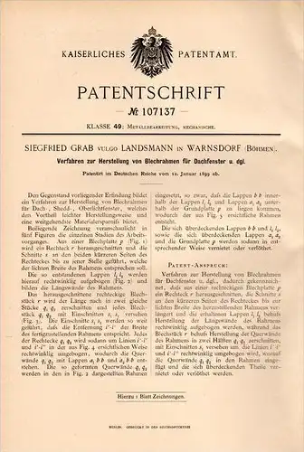 Original Patentschrift - S. Grab vulgo Landsmann in Warnsdorf , 1899 , Dachfenster , Dachdecker , Dach , Varnsdorf !!!