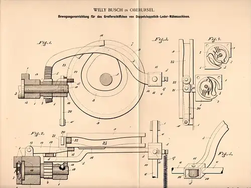 Original Patentschrift - W. Busch in Oberursel , 1898 , Apparat für Leder - Nähmaschine , Näherei , Nähen !!!