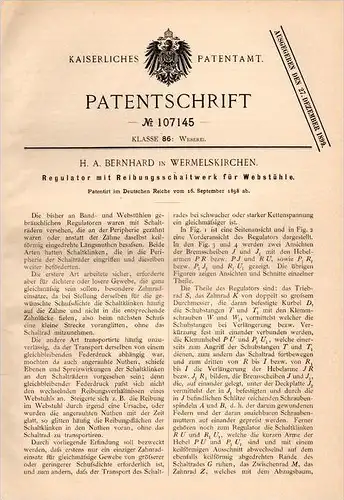 Original Patentschrift - H. Bernhard in Wermelskirchen , 1898 , Regulator für Webstuhl , Weberei , Weber !!!