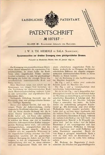 Original Patentschrift - J. Heberle in Sala , Sweden , 1899 , Dynamomaschine für Gleichstrom !!!