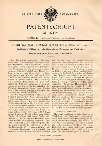 Original Patentschrift - F. Mackay in Willesden , 1898 , coupling, connection for two-wheelers, motorcycle, bicycle !!!