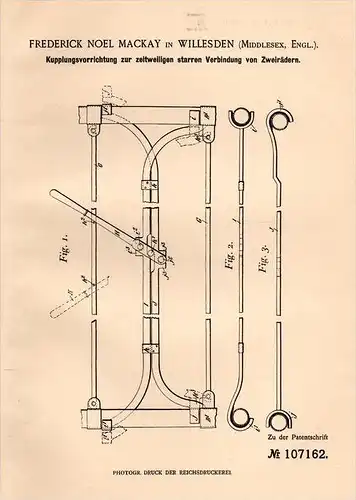 Original Patentschrift - F. Mackay in Willesden , 1898 , coupling, connection for two-wheelers, motorcycle, bicycle !!!