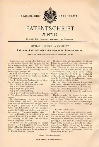 Original Patentschrift - R. Seidel in Görlitz , 1898 , Fahrrad - Antrieb mit Schwingsattel , Sattel , Fahrräder !!!