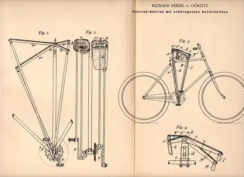 Original Patentschrift - R. Seidel in Görlitz , 1898 , Fahrrad - Antrieb mit Schwingsattel , Sattel , Fahrräder !!!