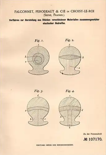 Original Patentschrift - Perodeaut & Cie à Choisy le Roi , 1899 , Fabrication de pneumatiques en caoutchouc !!!