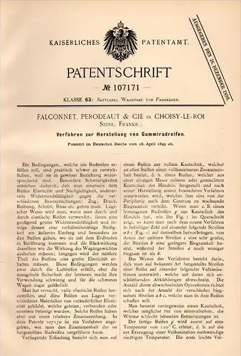 Original Patentschrift - Perodeaut & Cie à Choisy le Roi , 1899 , Fabrication de pneumatiques en caoutchouc !!!