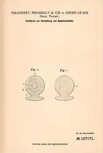 Original Patentschrift - Perodeaut & Cie à Choisy le Roi , 1899 , Fabrication de pneumatiques en caoutchouc !!!