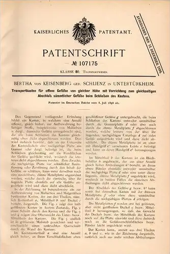 Original Patentschrift - B. von Keisenberg in Untertürkheim , 1898, Transportkasten für Gefäße , Transport , Stuttgart !