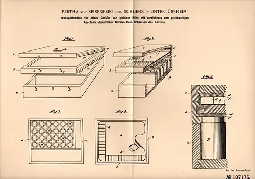 Original Patentschrift - B. von Keisenberg in Untertürkheim , 1898, Transportkasten für Gefäße , Transport , Stuttgart !