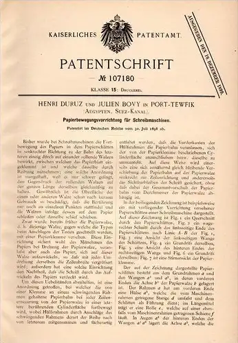 Original Patentschrift - H. Duruz in Port - Tewfik , 1898 , Egypt , Apparat für Schreibmaschine , Suez Kanal !!!
