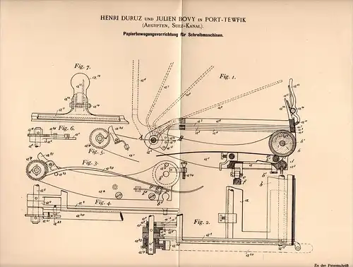 Original Patentschrift - H. Duruz in Port - Tewfik , 1898 , Egypt , Apparat für Schreibmaschine , Suez Kanal !!!