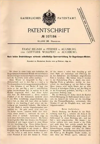 Original Patentschrift - F. Regner und G. Wollpert in Pfersee b. Augsburg , 1899 . Sperre für Bogenlampen , Lampen !!!